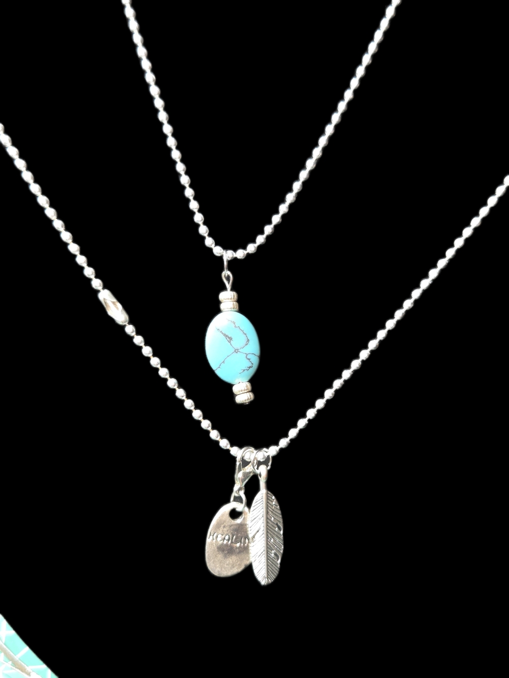 Sterling Silver Layered Turquoise ,Feather,healing Charms Necklaces- Unbranded
